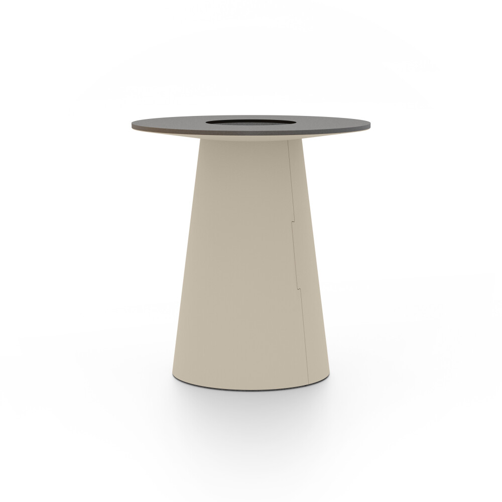 ALT (All Linoleum Tabe) konusförmiges Tischgestell, beschichtet mit Linoleum (4011 Taupe ᴺᴱᵁ), L Ø 45 cm, designed by Keiji Takeuchi