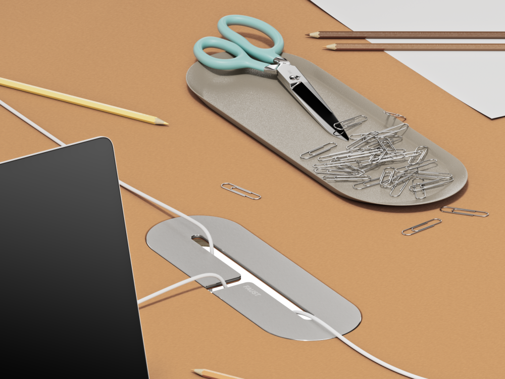 Flip cable cover made of aluminum and linoleum, flush-mounted in leather-colored fist table top – office setting with accessories.