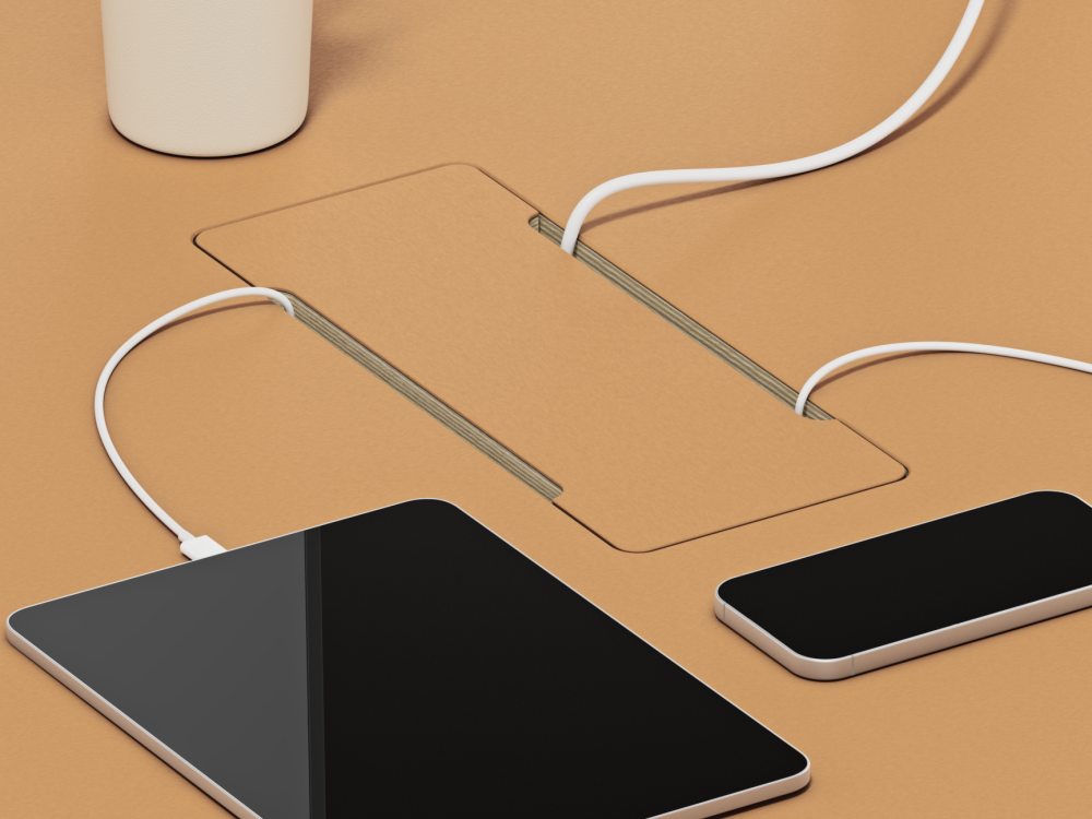 Rectangular linoleum cable cover by Keiji Takeuchi for Faust – embedded in linoleum tabletop with pens, tablet and accessories.