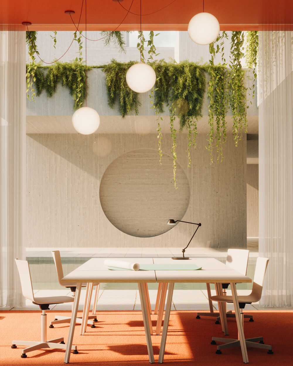 Bright conference room with light-colored Beam table surrounded by white chairs, used for meetings in modern architecture.