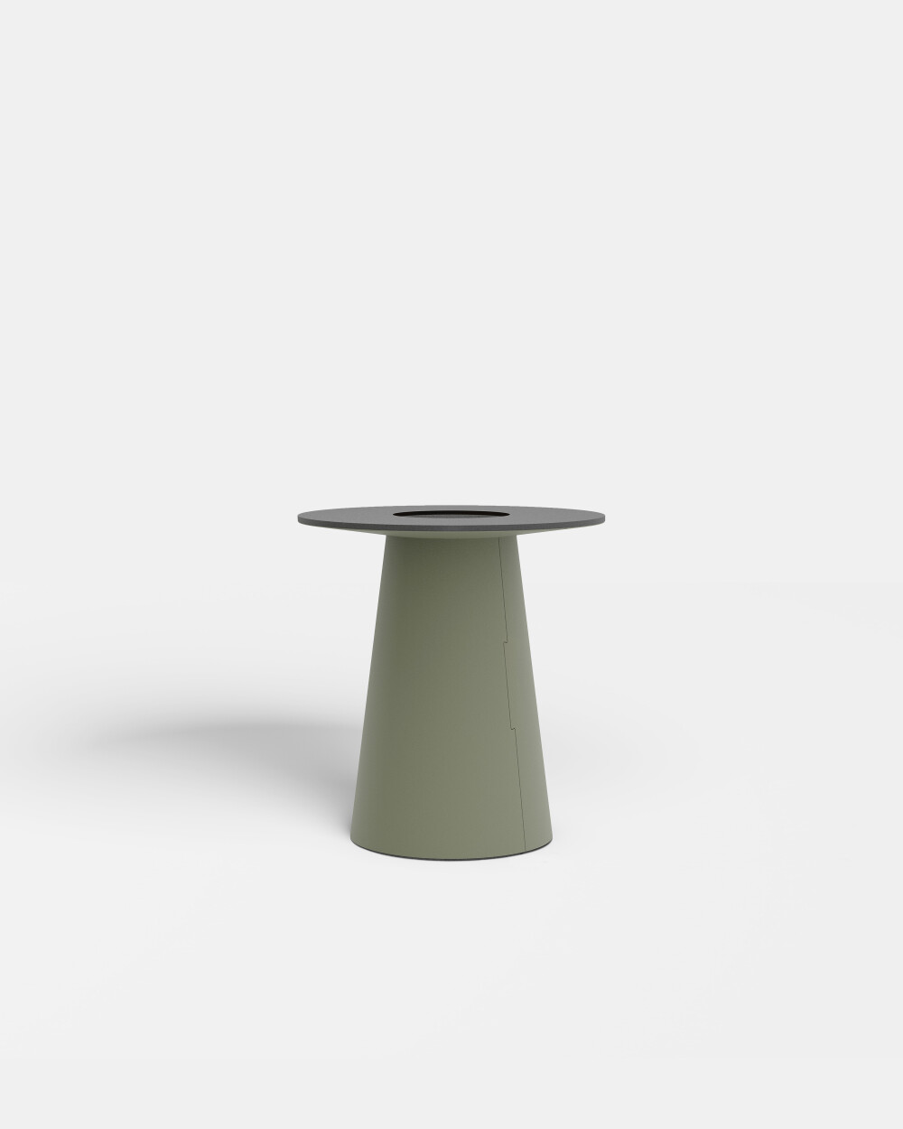Single olive-coloured linoleum cone base of the ALT table in a freestanding view.
