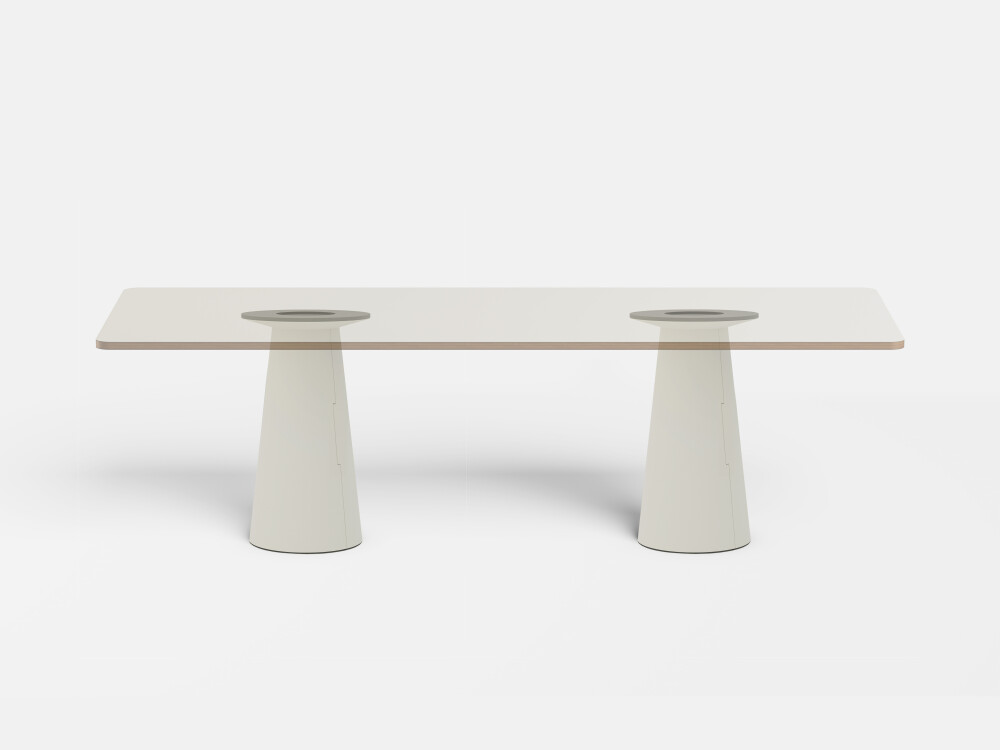 Two light-coloured ALT cone feet with a tabletop placed on top to illustrate the design.