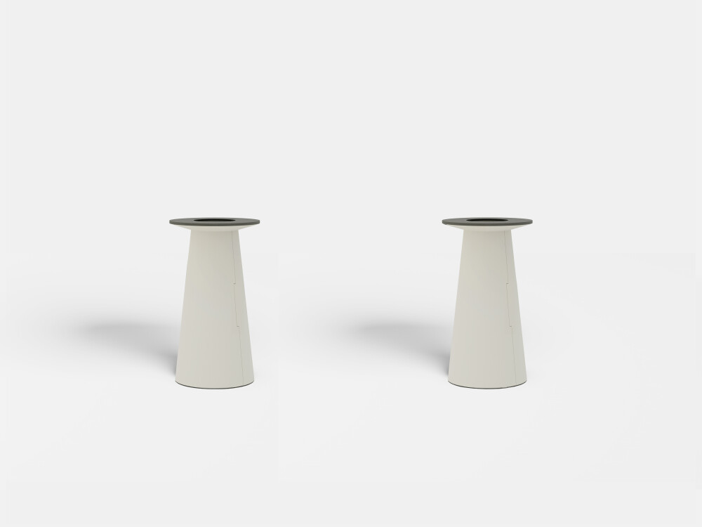 Two light-coloured ALT cone bases without table tops, placed side by side, to represent the base.