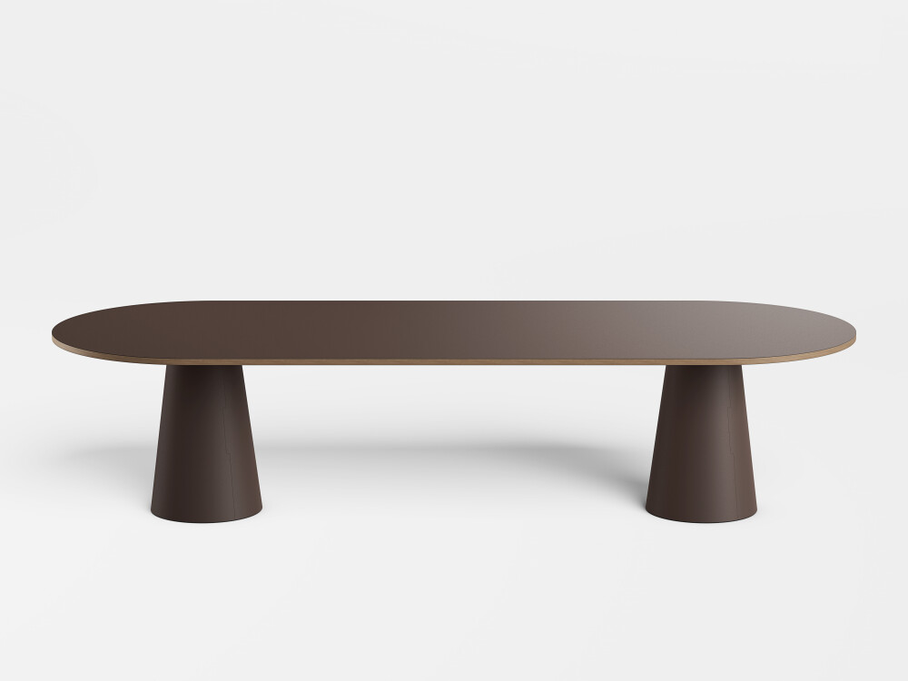 Oval ALT conference table by Faust with dark brown linoleum top and two matching conical table legs.