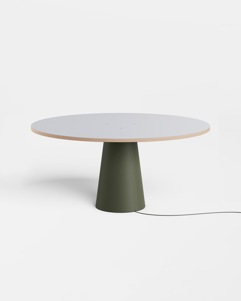 Round ALT table by Faust with grey linoleum top, green-coloured conical base and cable outlet.