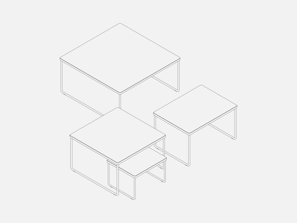 Illustration of the Low & Lower side tables by Faust, available in four sizes with rectangular and square proportions.