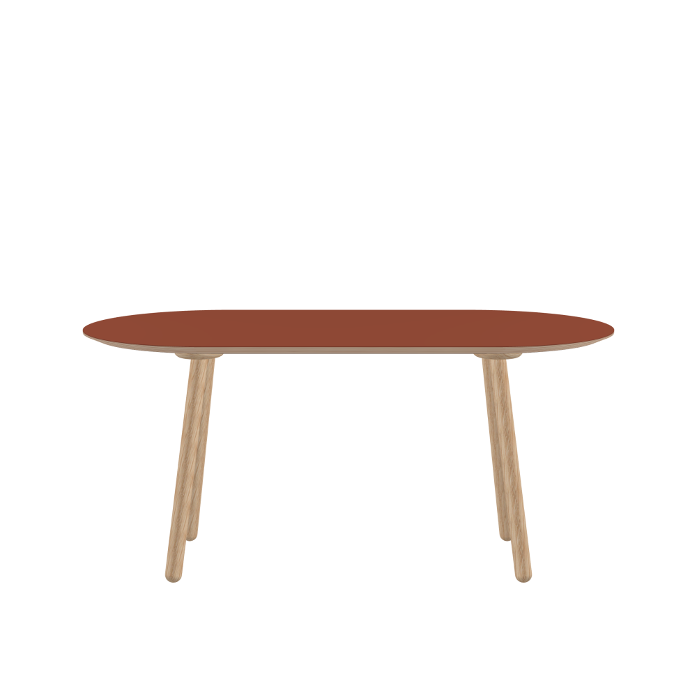 MT2 Tisch - Form Eckig - Länge 160,00 cm - Tiefe 80,00 cm - Radius 40,00 cm - Stärke 2,6 cm - Freiformfläche 1.00000000 - Oberseite Linoleum, 4008 Brick - Kern Multiplex Birke - Kantenschräge 25° / MT2 Tischbeine - Material und Farbe Holz, Eiche, natur, matt geölt - Set 4 Tischbeine