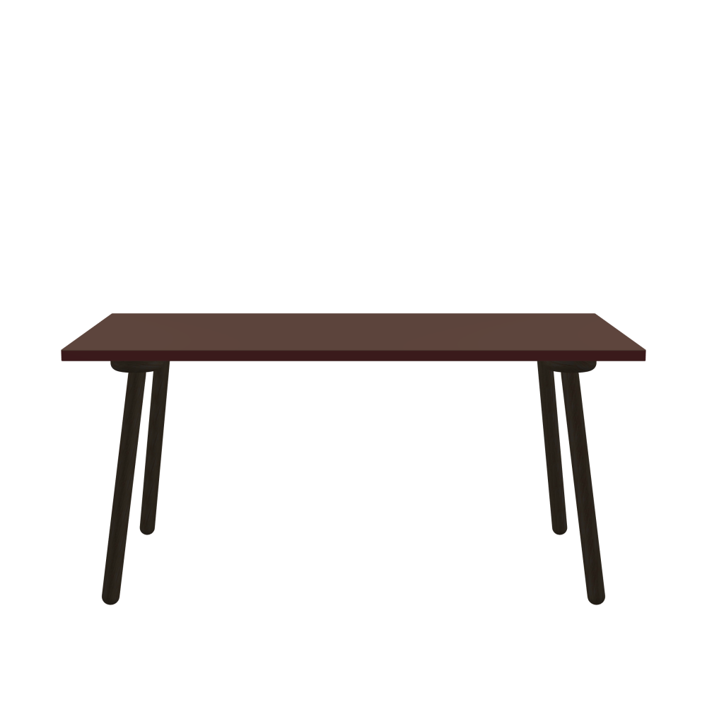 MT2 Tisch - Form Eckig - Länge 160,00 cm - Tiefe 80,00 cm - Radius 0,30 cm - Stärke 3 cm - Oberseite Linoleum, 4009 Espresso - Kern Stäbchenplatte - Kante Linoleum, 4154 Burgundy - Kantenschräge 90° / MT2 Tischbeine - Material und Farbe Holz, Eiche, schwarz gebeizt, matt geölt - Set 4 Tischbeine