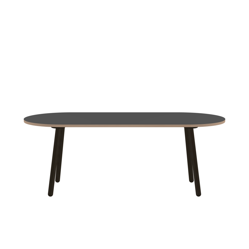 MT2 Tisch - Form Eckig - Länge 200,00 cm - Tiefe 85,00 cm - Radius 42,50 cm - Stärke 2,6 cm - Freiformfläche 1.00000000 - Oberseite Linoleum, 4012 Basalt - Kern Multiplex Birke - Kantenschräge 90° / MT2 Tischbeine - Material und Farbe Holz, Eiche, schwarz gebeizt, matt geölt - Set 4 Tischbeine