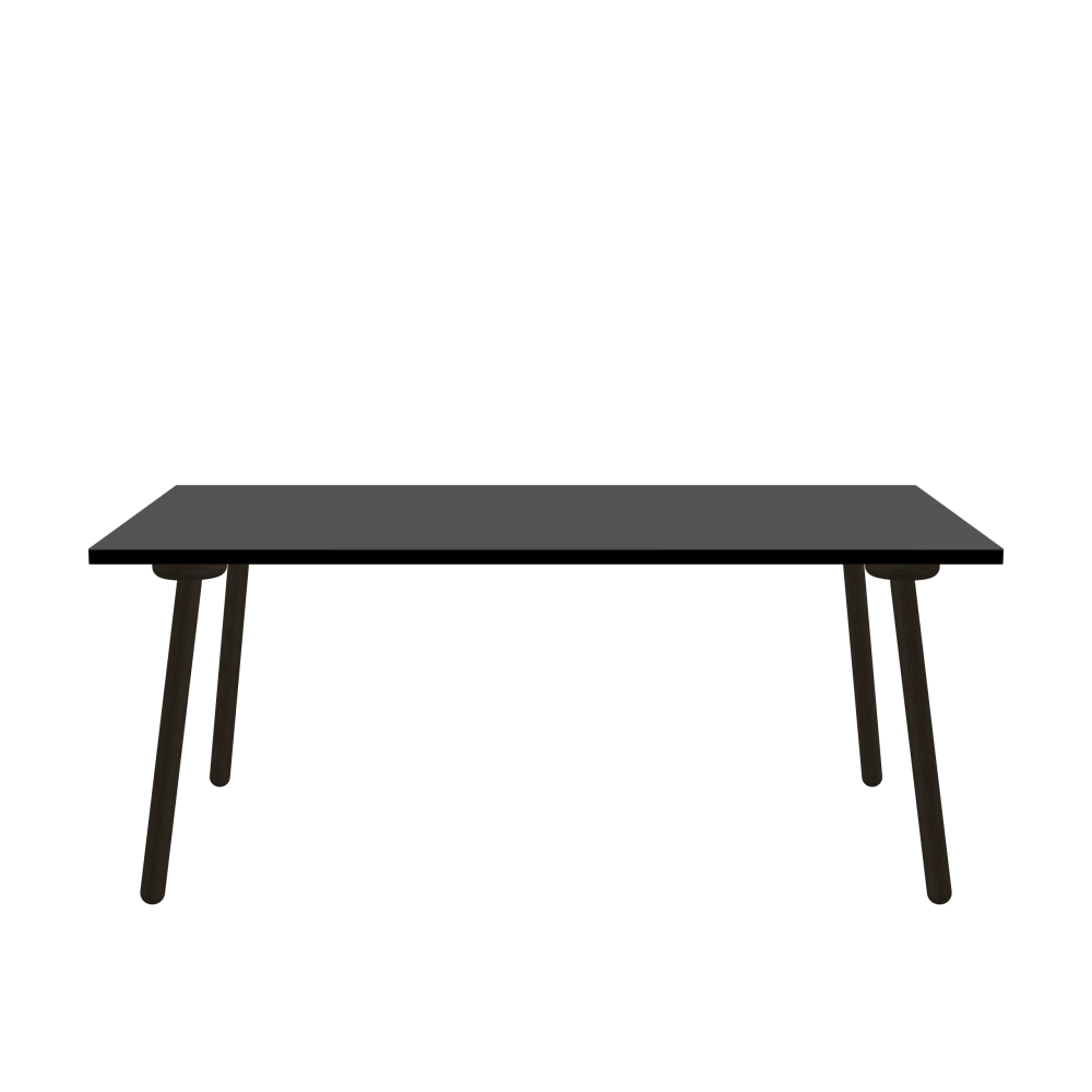 MT2 Tisch - Form Eckig - Länge 180,00 cm - Tiefe 100,00 cm - Radius 0,30 cm - Stärke 3 cm - Oberseite Linoleum, 4012 Basalt - Kern Stäbchenplatte - Kante Linoleum, 4023 Nero - Kantenschräge 90° / MT2 Tischbeine - Material und Farbe Holz, Eiche, schwarz gebeizt, matt geölt - Set 4 Tischbeine