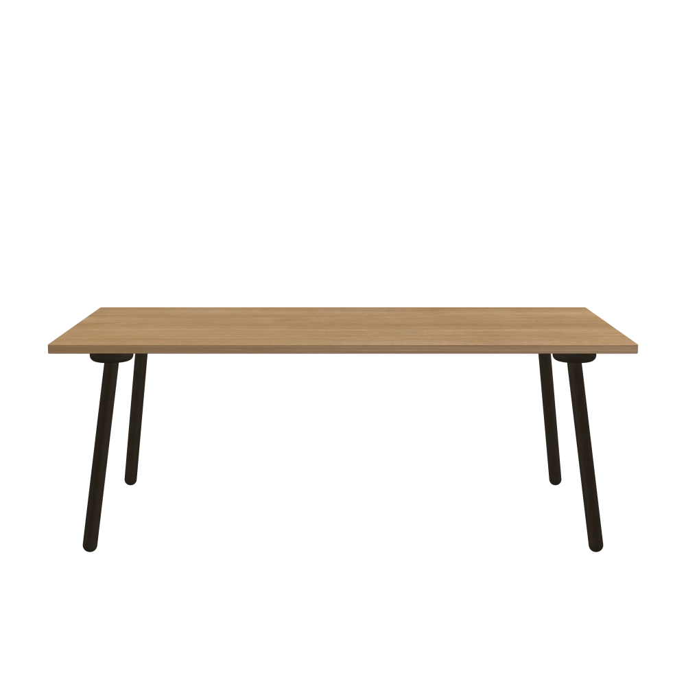 MT2 Tisch - Form Eckig - Länge 200,00 cm - Tiefe 100,00 cm - Radius 1,00 cm - Stärke 2,9 cm - Oberseite Holzfurnier, Eiche - Kern Stäbchenplatte - Kante Holz, Eiche - Kantenschräge 90° / MT2 Tischbeine - Material und Farbe Holz, Eiche, schwarz gebeizt, matt geölt - Set 4 Tischbeine