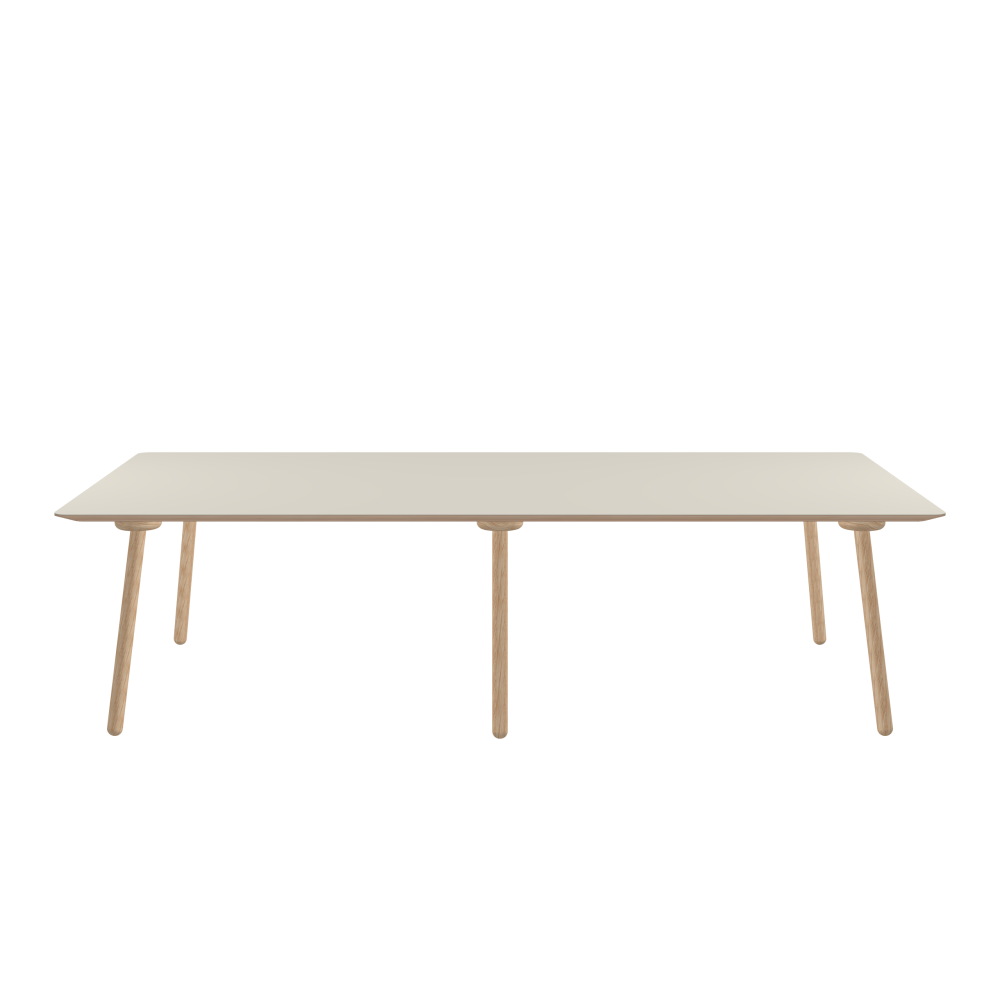 MT2 Tisch - Form Eckig - Länge 280,00 cm - Tiefe 150,00 cm - Radius 5,00 cm - Stärke 2,9 cm - Freiformfläche 1.00000000 - Oberseite Linoleum, 4176 Mushroom - Kern Multiplex Birke - Kantenschräge 25° / MT2 Tischbeine - Material und Farbe Holz, Eiche, natur, matt geölt - Set 6 Tischbeine