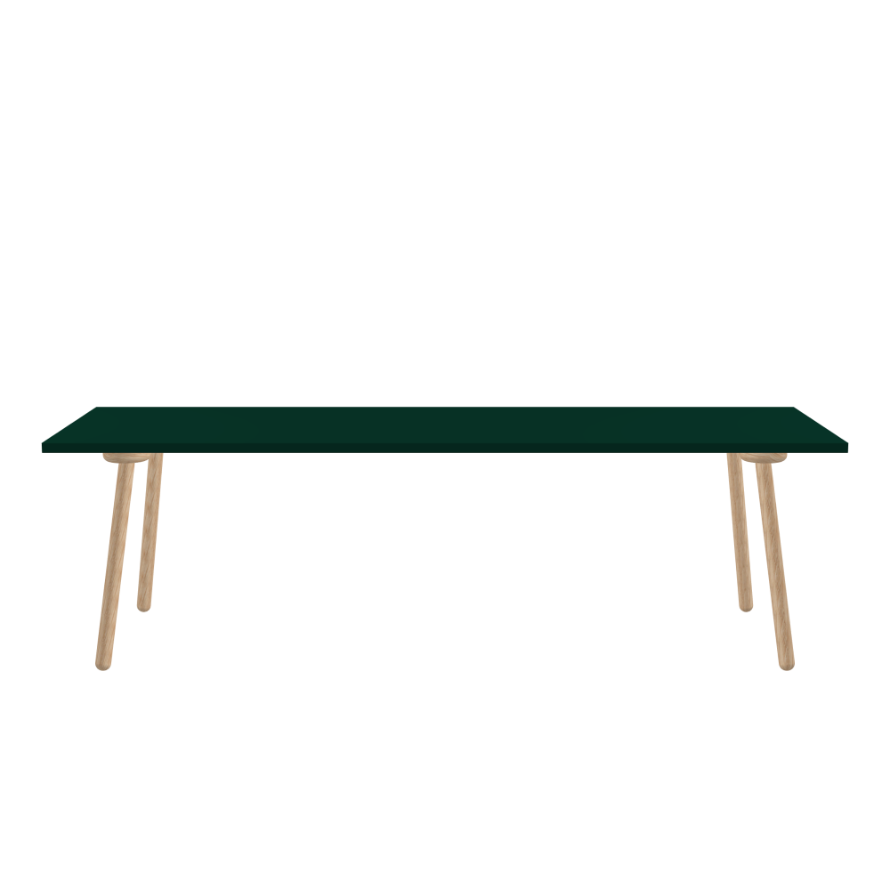 MT2 Tisch - Form Eckig - Länge 250,00 cm - Tiefe 85,00 cm - Radius 0,30 cm - Stärke 3 cm - Oberseite Linoleum, 4174 Conifer - Kern Stäbchenplatte - Kante Linoleum, 4174 Conifer - Kantenschräge 90° / MT2 Tischbeine - Material und Farbe Holz, Eiche, natur, matt geölt - Set 4 Tischbeine