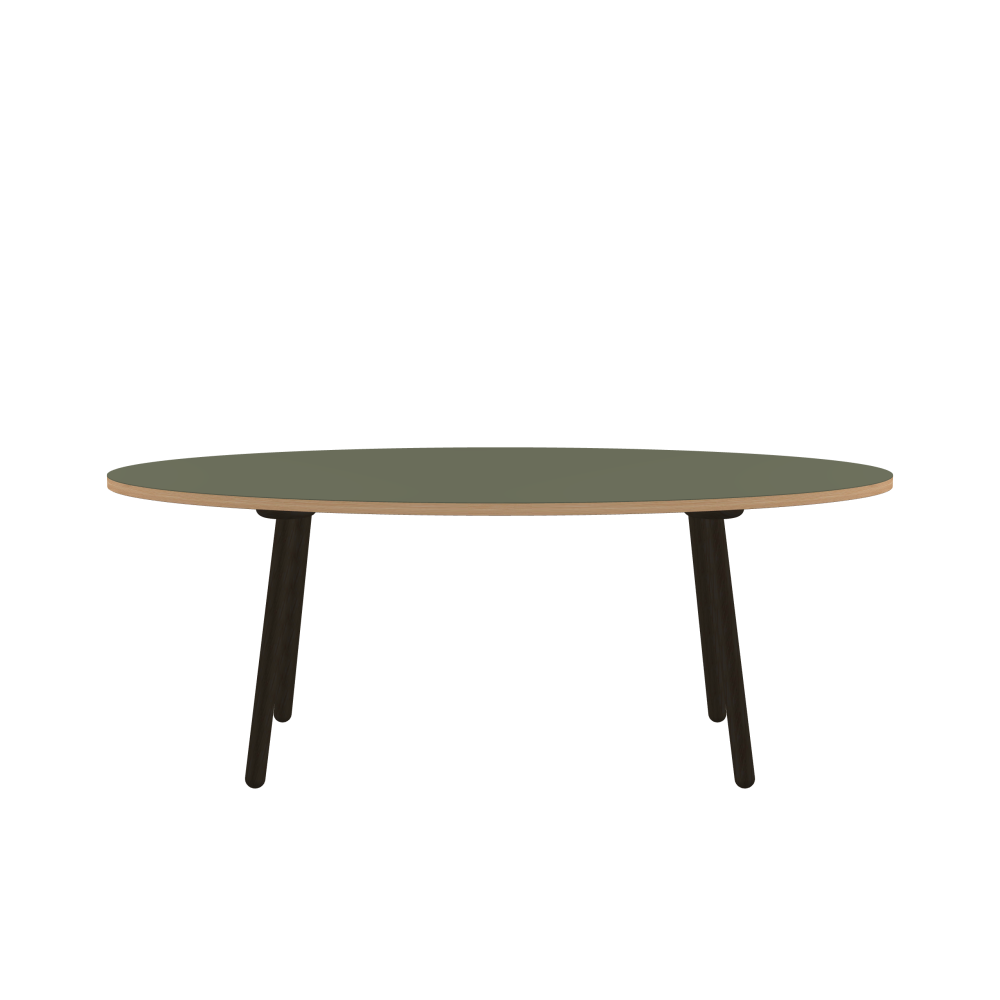 MT2 Tisch - Form Superellipse - Länge 200,00 cm - Tiefe 100,00 cm - Superellipse Exponent 2,00  - Stärke 3 cm - Freiformfläche 1.00000000 - Oberseite Linoleum, 4184 Olive - Kern Stäbchenplatte - Kante Holz, Lärche - Kantenschräge 90° / MT2 Tischbeine - Material und Farbe Holz, Eiche, schwarz gebeizt, matt geölt - Set 4 Tischbeine