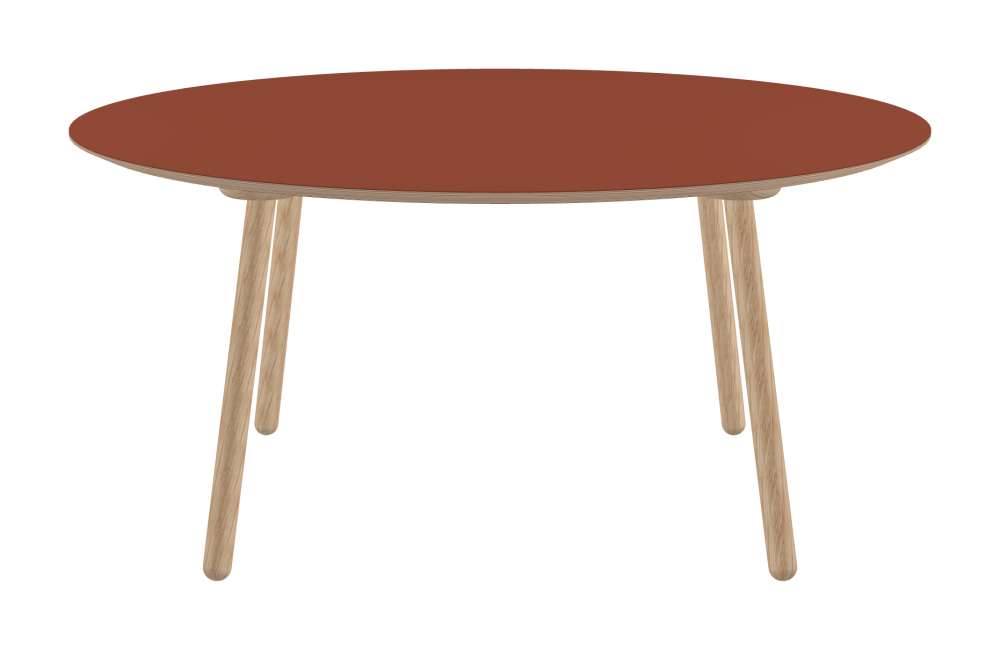 MT2 Table - Shape Round - Length 160.00 cm - Width 160.00 cm - Thickness 2.6 cm - Freeform 1.00000000 - Surface Linoleum, 4008 Brick - Core Birch Plywood - Profile Edge 25° / MT2 Table Legs - Material and Colour Wood, Oak, natural, matt oiled - Set 4 Legs
