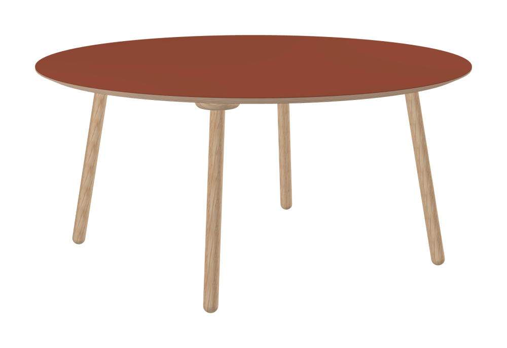 MT2 Table - Shape Round - Length 160.00 cm - Width 160.00 cm - Thickness 2.6 cm - Freeform 1.00000000 - Surface Linoleum, 4008 Brick - Core Birch Plywood - Profile Edge 25° / MT2 Table Legs - Material and Colour Wood, Oak, natural, matt oiled - Set 4 Legs