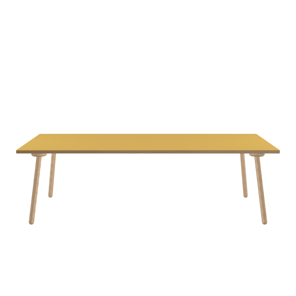 MT2 Tisch - Form Eckig - Länge 250,00 cm - Tiefe 120,00 cm - Radius 0,30 cm - Stärke 3 cm - Oberseite Linoleum, S588 Pure Linoleum - Kern Stäbchenplatte - Kante Holz, Eiche - Kantenschräge 90° / MT2 Tischbeine - Material und Farbe Holz, Eiche, natur, matt geölt - Set 4 Tischbeine