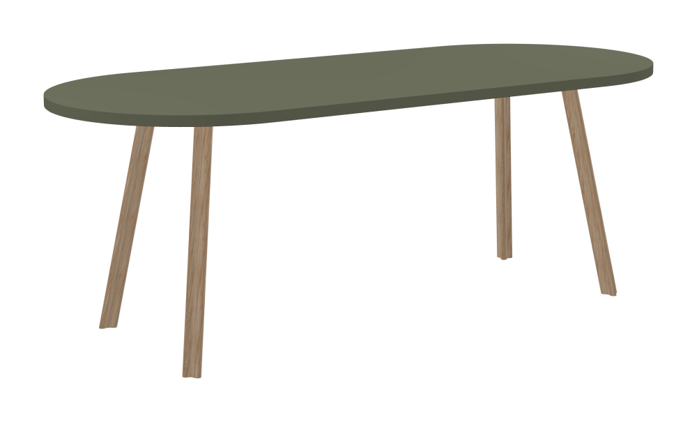 BEAM Tisch - Form Eckig - Länge 200,00 cm - Tiefe 85,00 cm - Radius 42,50 cm - Stärke 3 cm - Freiformfläche 1.00000000 - Oberseite Linoleum, 4184 Olive - Kern Stäbchenplatte - Kante Linoleum, 4184 Olive - Kantenschräge 90° / BEAM Tischbeine - Material und Farbe Holz, Eiche, matt geölt - Profilgröße Normal - Höhe 71 cm - Set 4 Tischbeine