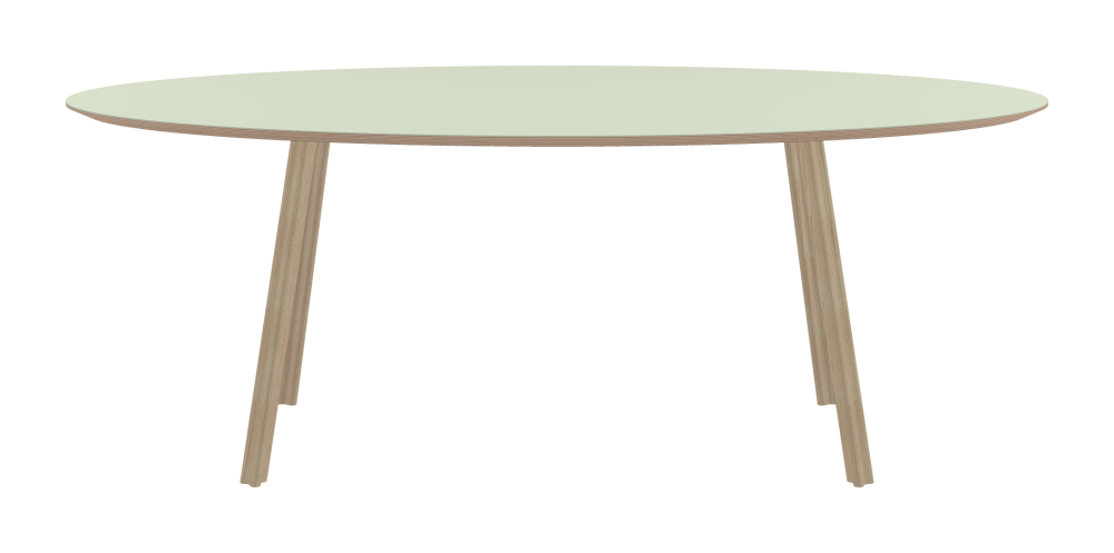 BEAM Tisch - Form Superellipse - Länge 200,00 cm - Tiefe 100,00 cm - Superellipse Exponent 2,00  - Stärke 2,6 cm - Freiformfläche 1.00000000 - Oberseite Linoleum, 4183 Pistachio - Kern Multiplex Birke - Kantenschräge 25° / BEAM Tischbeine - Material und Farbe Holz, Esche, matt geölt - Profilgröße Normal - Höhe 71 cm - Set 4 Tischbeine