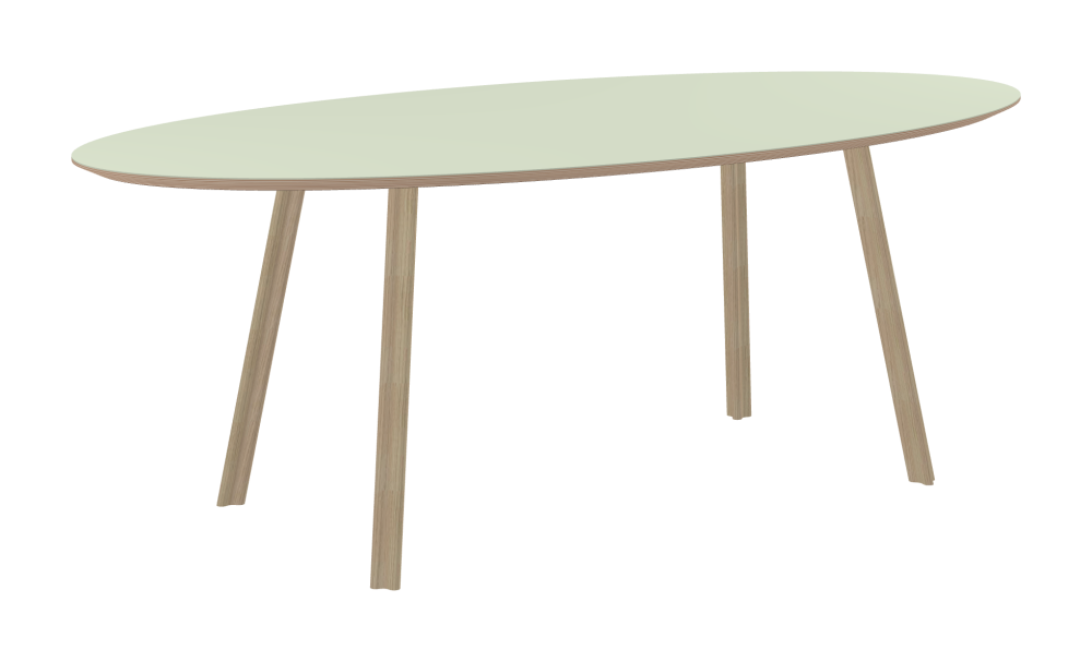BEAM Tisch - Form Superellipse - Länge 200,00 cm - Tiefe 100,00 cm - Superellipse Exponent 2,00  - Stärke 2,6 cm - Freiformfläche 1.00000000 - Oberseite Linoleum, 4183 Pistachio - Kern Multiplex Birke - Kantenschräge 25° / BEAM Tischbeine - Material und Farbe Holz, Esche, matt geölt - Profilgröße Normal - Höhe 71 cm - Set 4 Tischbeine