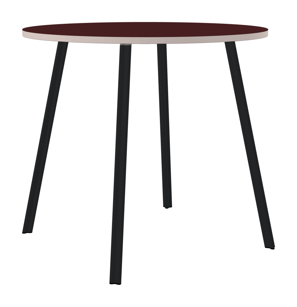 BEAM Tisch - Form Rund - Länge 120,00 cm - Tiefe 120,00 cm - Stärke 3 cm - Freiformfläche 1.00000000 - Oberseite Linoleum, 4154 Burgundy - Kern Stäbchenplatte - Kante Linoleum, 4185 Powder – Auslaufmodell - Kantenschräge 90° / BEAM Tischbeine - Material und Farbe Aluminium, pulverbeschichtet, Schwarzgrau (RAL 7021) - Profilgröße Normal - Höhe 102 cm - Set 4 Tischbeine