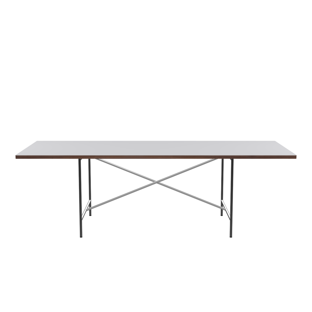 E2 Table - Shape Square - Length 240.00 cm - Width 95.00 cm - Radius 1.00 cm - Thickness 3 cm - Surface Linoleum, 4177 Vapour - Core Laminboard - Edge Wood, Walnut - Profile Edge 90° / E2 Table Frame - Material and Colour Steel, Chrome-plated - Cross bar Centered - Length 135 cm - Width 78 cm - Height 72 cm