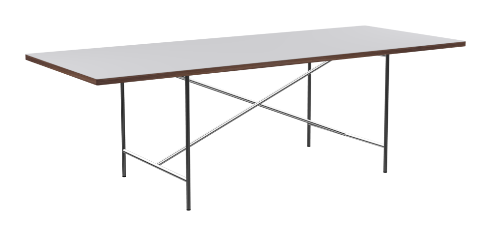 E2 Table - Shape Square - Length 240.00 cm - Width 95.00 cm - Radius 1.00 cm - Thickness 3 cm - Surface Linoleum, 4177 Vapour - Core Laminboard - Edge Wood, Walnut - Profile Edge 90° / E2 Table Frame - Material and Colour Steel, Chrome-plated - Cross bar Centered - Length 135 cm - Width 78 cm - Height 72 cm