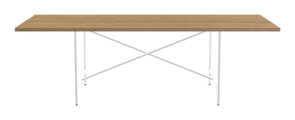 E2 Table - Shape Square - Length 240.00 cm - Width 95.00 cm - Radius 1.00 cm - Thickness 2.9 cm - Surface Wood Veneer, Oak - Core Laminboard - Edge Wood, Oak - Profile Edge 90° / E2 Table Frame - Material and Colour Steel, Traffic white (RAL 9016) - Cross bar Centered - Length 135 cm - Width 78 cm - Height 72 cm