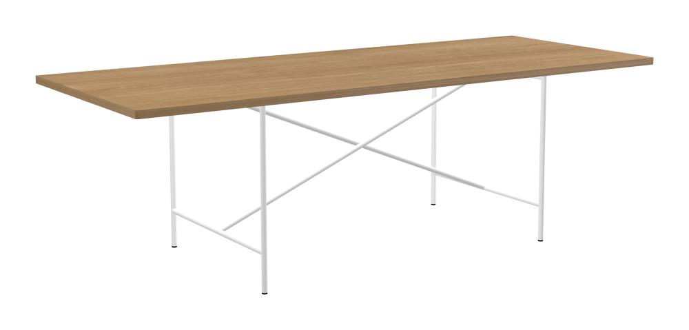 E2 Table - Shape Square - Length 240.00 cm - Width 95.00 cm - Radius 1.00 cm - Thickness 2.9 cm - Surface Wood Veneer, Oak - Core Laminboard - Edge Wood, Oak - Profile Edge 90° / E2 Table Frame - Material and Colour Steel, Traffic white (RAL 9016) - Cross bar Centered - Length 135 cm - Width 78 cm - Height 72 cm