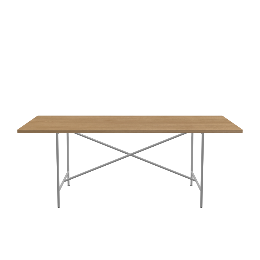E2 Table - Shape Square - Length 200.00 cm - Width 100.00 cm - Radius 1.00 cm - Thickness 2.9 cm - Surface Wood Veneer, Oak - Core Laminboard - Edge Wood, Oak - Profile Edge 90° / E2 Table Frame - Material and Colour Steel, White aluminium (RAL 9006) - Cross bar Centered - Length 135 cm - Width 78 cm - Height 72 cm