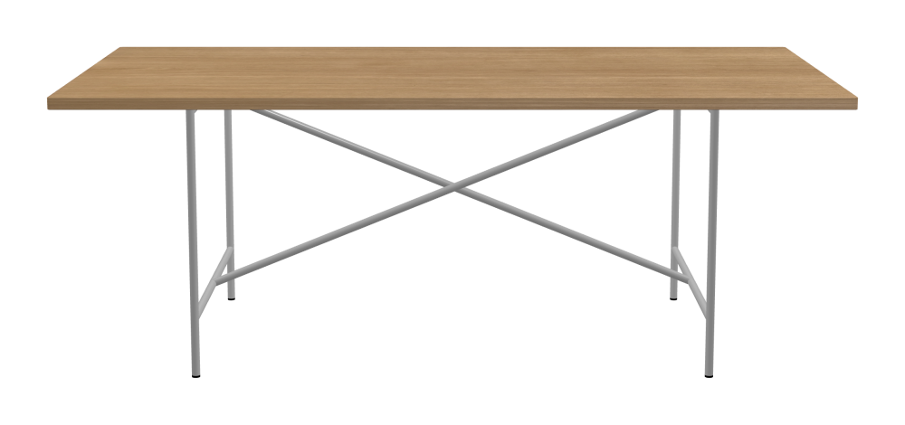 E2 Table - Shape Square - Length 200.00 cm - Width 100.00 cm - Radius 1.00 cm - Thickness 2.9 cm - Surface Wood Veneer, Oak - Core Laminboard - Edge Wood, Oak - Profile Edge 90° / E2 Table Frame - Material and Colour Steel, White aluminium (RAL 9006) - Cross bar Centered - Length 135 cm - Width 78 cm - Height 72 cm