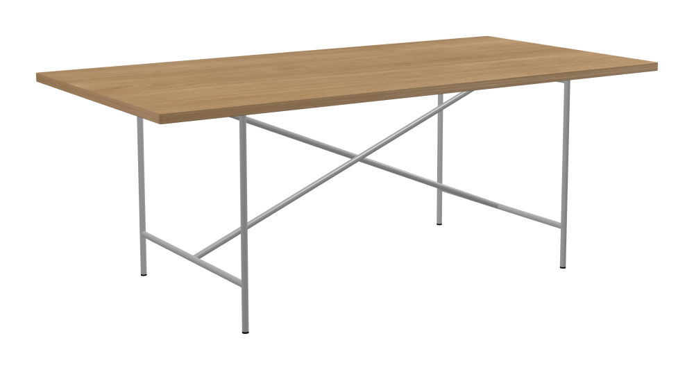 E2 Table - Shape Square - Length 200.00 cm - Width 100.00 cm - Radius 1.00 cm - Thickness 2.9 cm - Surface Wood Veneer, Oak - Core Laminboard - Edge Wood, Oak - Profile Edge 90° / E2 Table Frame - Material and Colour Steel, White aluminium (RAL 9006) - Cross bar Centered - Length 135 cm - Width 78 cm - Height 72 cm