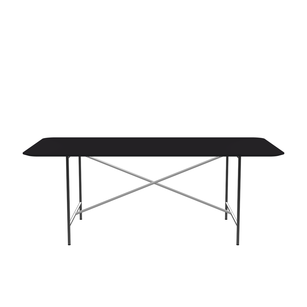E2 Table - Shape Square - Length 200.00 cm - Width 100.00 cm - Radius 10.00 cm - Thickness 2.1 cm - Freeform 1.00000000 - Surface Linoleum, 4166 Charcoal - Core MDF - Edge MDF, Black - Profile Edge 25° / E2 Table Frame - Material and Colour Steel, Chrome-plated - Cross bar Centered - Length 135 cm - Width 78 cm - Height 72 cm