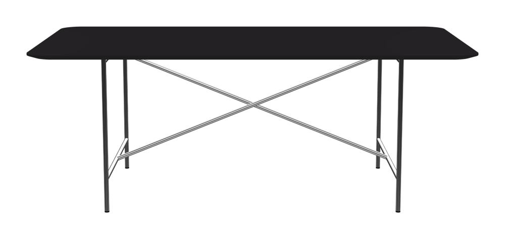 E2 Table - Shape Square - Length 200.00 cm - Width 100.00 cm - Radius 10.00 cm - Thickness 2.1 cm - Freeform 1.00000000 - Surface Linoleum, 4166 Charcoal - Core MDF - Edge MDF, Black - Profile Edge 25° / E2 Table Frame - Material and Colour Steel, Chrome-plated - Cross bar Centered - Length 135 cm - Width 78 cm - Height 72 cm