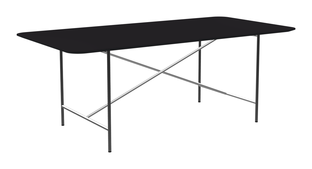 E2 Table - Shape Square - Length 200.00 cm - Width 100.00 cm - Radius 10.00 cm - Thickness 2.1 cm - Freeform 1.00000000 - Surface Linoleum, 4166 Charcoal - Core MDF - Edge MDF, Black - Profile Edge 25° / E2 Table Frame - Material and Colour Steel, Chrome-plated - Cross bar Centered - Length 135 cm - Width 78 cm - Height 72 cm