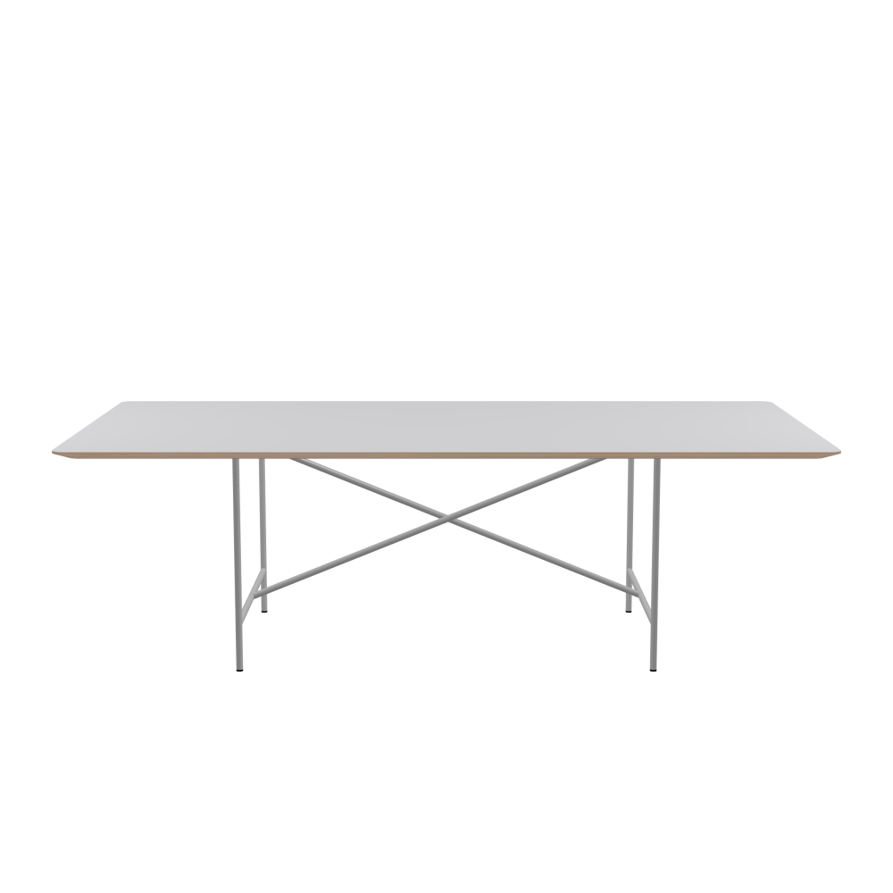 E2 Table - Shape Square - Length 240.00 cm - Width 120.00 cm - Radius 4.00 cm - Thickness 2.6 cm - Freeform 1.00000000 - Surface Linoleum, 4177 Vapour - Core Birch Plywood - Profile Edge 25° / E2 Table Frame - Material and Colour Steel, White aluminium (RAL 9006) - Cross bar Centered - Length 135 cm - Width 78 cm - Height 72 cm