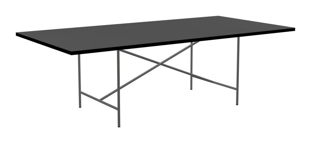 E2 Table - Shape Square - Length 240.00 cm - Width 120.00 cm - Radius 0.30 cm - Thickness 3 cm - Surface Linoleum, 4012 Basalt - Core Laminboard - Edge Linoleum, 4023 Nero - Profile Edge 90° / E2 Table Frame - Material and Colour Steel, Clear-coated - Cross bar Centered - Length 135 cm - Width 78 cm - Height 72 cm
