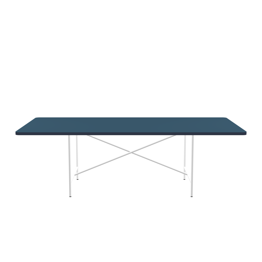 E2 Table - Shape Square - Length 240.00 cm - Width 120.00 cm - Radius 5.00 cm - Thickness 3 cm - Freeform 1.00000000 - Surface Linoleum, 4005 Denim - Core Laminboard - Edge Linoleum, 4179 Smokey Blue - Profile Edge 90° / E2 Table Frame - Material and Colour Steel, Traffic white (RAL 9016) - Cross bar Centered - Length 135 cm - Width 78 cm - Height 72 cm
