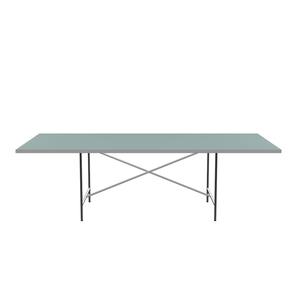 E2 Table - Shape Square - Length 250.00 cm - Width 120.00 cm - Radius 0.30 cm - Thickness 3 cm - Surface Linoleum, 4004 Blue Haze - Core Laminboard - Edge Linoleum, 4175 Pebble - Profile Edge 90° / E2 Table Frame - Material and Colour Steel, Chrome-plated - Cross bar Centered - Length 135 cm - Width 78 cm - Height 72 cm