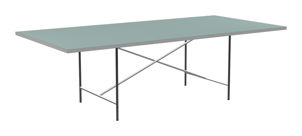 E2 Table - Shape Square - Length 250.00 cm - Width 120.00 cm - Radius 0.30 cm - Thickness 3 cm - Surface Linoleum, 4004 Blue Haze - Core Laminboard - Edge Linoleum, 4175 Pebble - Profile Edge 90° / E2 Table Frame - Material and Colour Steel, Chrome-plated - Cross bar Centered - Length 135 cm - Width 78 cm - Height 72 cm
