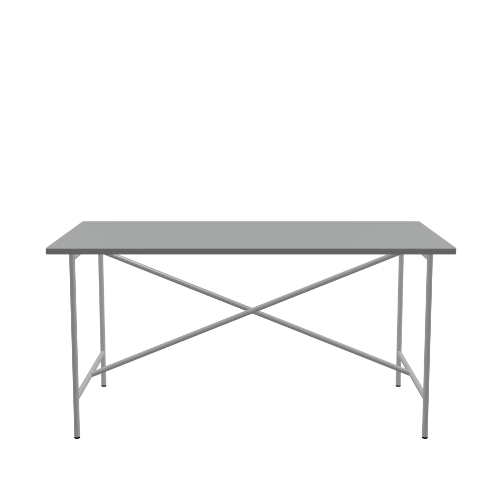 E2 Table - Shape Square - Length 150.00 cm - Width 80.00 cm - Radius 1.00 cm - Thickness 2.1 cm - Freeform 1.00000000 - Surface Linoleum, 4132 Ash - Core MDF - Edge MDF, Grey - Profile Edge 90° / E2 Table Frame - Material and Colour Steel, White aluminium (RAL 9006) - Cross bar Centered - Length 135 cm - Width 70 cm - Height 72 cm