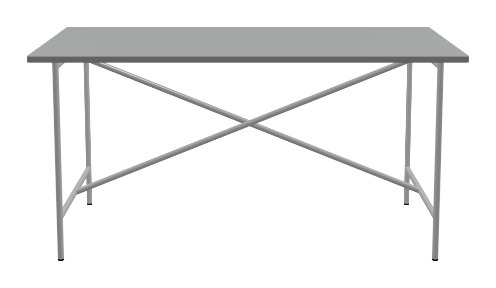 E2 Table - Shape Square - Length 150.00 cm - Width 80.00 cm - Radius 1.00 cm - Thickness 2.1 cm - Freeform 1.00000000 - Surface Linoleum, 4132 Ash - Core MDF - Edge MDF, Grey - Profile Edge 90° / E2 Table Frame - Material and Colour Steel, White aluminium (RAL 9006) - Cross bar Centered - Length 135 cm - Width 70 cm - Height 72 cm
