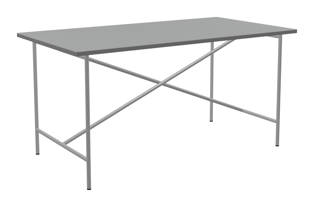 E2 Table - Shape Square - Length 150.00 cm - Width 80.00 cm - Radius 1.00 cm - Thickness 2.1 cm - Freeform 1.00000000 - Surface Linoleum, 4132 Ash - Core MDF - Edge MDF, Grey - Profile Edge 90° / E2 Table Frame - Material and Colour Steel, White aluminium (RAL 9006) - Cross bar Centered - Length 135 cm - Width 70 cm - Height 72 cm
