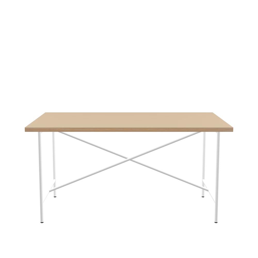 E2 Table - Shape Square - Length 150.00 cm - Width 90.00 cm - Radius 0.30 cm - Thickness 3 cm - Surface Linoleum, 4007 Macadamia - Core Laminboard - Edge Wood, Larch - Profile Edge 90° / E2 Table Frame - Material and Colour Steel, Traffic white (RAL 9016) - Cross bar Centered - Length 135 cm - Width 70 cm - Height 72 cm