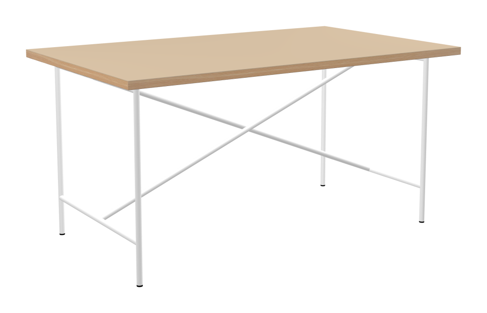 E2 Table - Shape Square - Length 150.00 cm - Width 90.00 cm - Radius 0.30 cm - Thickness 3 cm - Surface Linoleum, 4007 Macadamia - Core Laminboard - Edge Wood, Larch - Profile Edge 90° / E2 Table Frame - Material and Colour Steel, Traffic white (RAL 9016) - Cross bar Centered - Length 135 cm - Width 70 cm - Height 72 cm