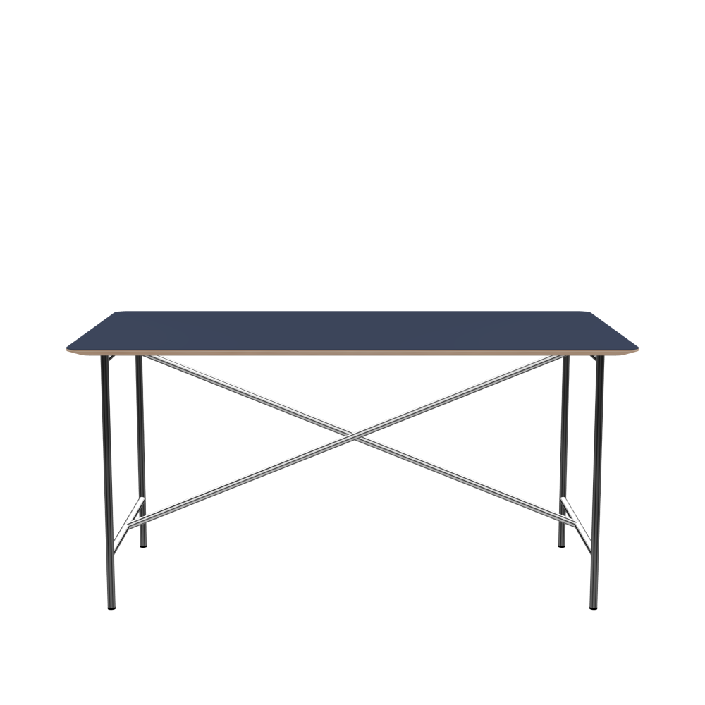 E2 Table - Shape Square - Length 150.00 cm - Width 80.00 cm - Radius 4.00 cm - Thickness 2 cm - Freeform 1.00000000 - Surface Linoleum, 4179 Smokey Blue - Core Birch Plywood - Profile Edge 25° / E2 Table Frame - Material and Colour Steel, Chrome-plated - Length 135 cm - Width 60 cm - Height 72 cm
