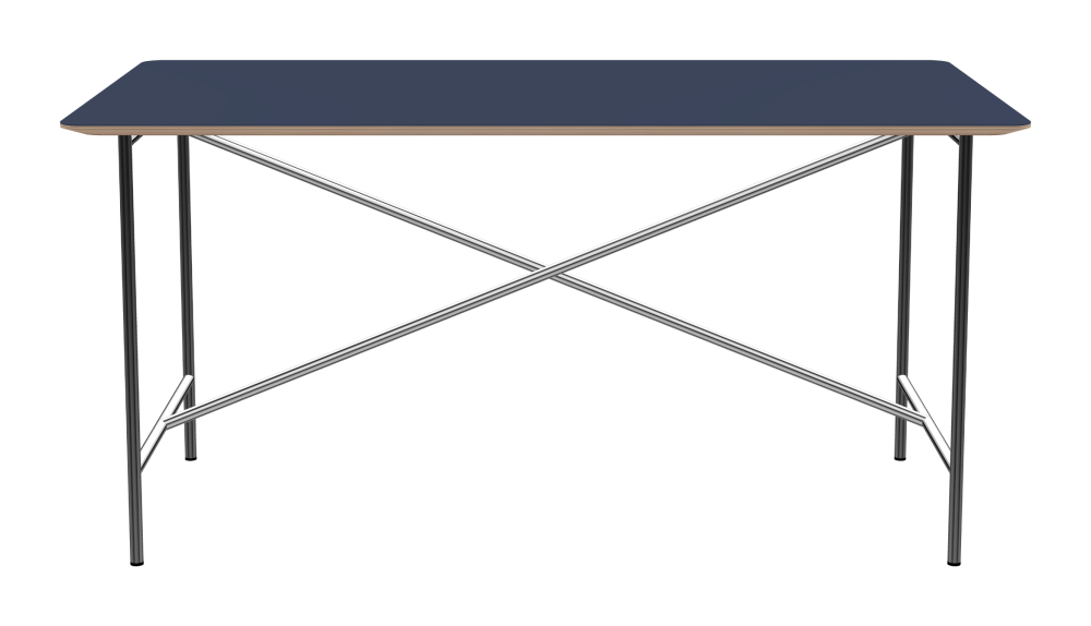 E2 Table - Shape Square - Length 150.00 cm - Width 80.00 cm - Radius 4.00 cm - Thickness 2 cm - Freeform 1.00000000 - Surface Linoleum, 4179 Smokey Blue - Core Birch Plywood - Profile Edge 25° / E2 Table Frame - Material and Colour Steel, Chrome-plated - Length 135 cm - Width 60 cm - Height 72 cm