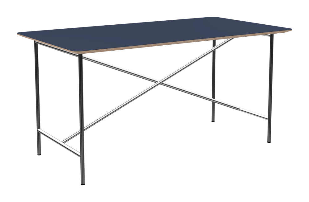 E2 Table - Shape Square - Length 150.00 cm - Width 80.00 cm - Radius 4.00 cm - Thickness 2 cm - Freeform 1.00000000 - Surface Linoleum, 4179 Smokey Blue - Core Birch Plywood - Profile Edge 25° / E2 Table Frame - Material and Colour Steel, Chrome-plated - Length 135 cm - Width 60 cm - Height 72 cm