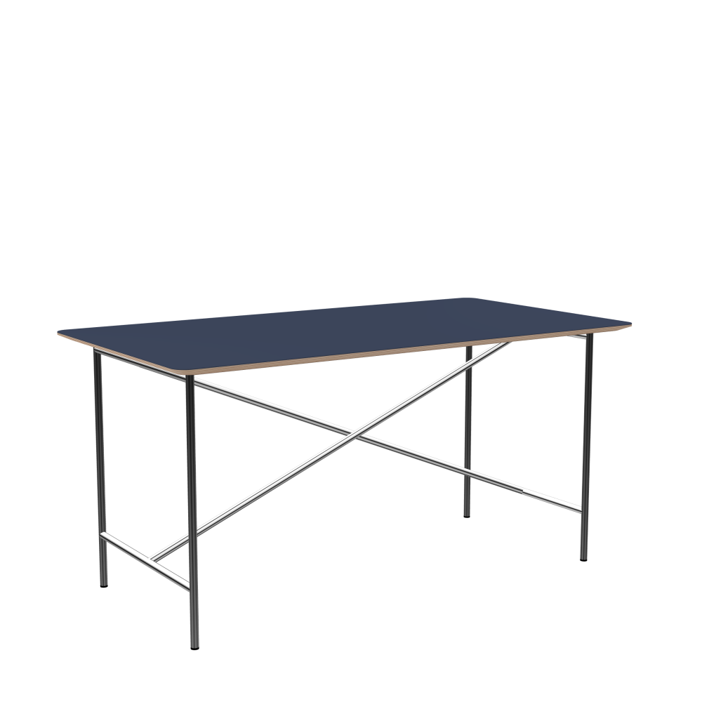 E2 Table - Shape Square - Length 150.00 cm - Width 80.00 cm - Radius 4.00 cm - Thickness 2 cm - Freeform 1.00000000 - Surface Linoleum, 4179 Smokey Blue - Core Birch Plywood - Profile Edge 25° / E2 Table Frame - Material and Colour Steel, Chrome-plated - Length 135 cm - Width 60 cm - Height 72 cm
