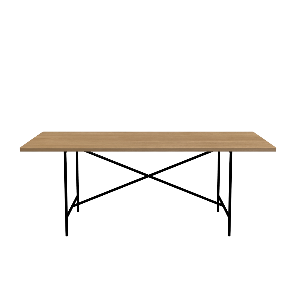 E2 Table - Shape Square - Length 200.00 cm - Width 100.00 cm - Radius 1.00 cm - Thickness 2.9 cm - Surface Wood Veneer, Oak - Core Laminboard - Edge Wood, Oak - Profile Edge 90° / E2 Table Frame - Material and Colour Steel, Jet black (RAL 9005) - Cross bar Centered - Length 135 cm - Width 78 cm - Height 72 cm